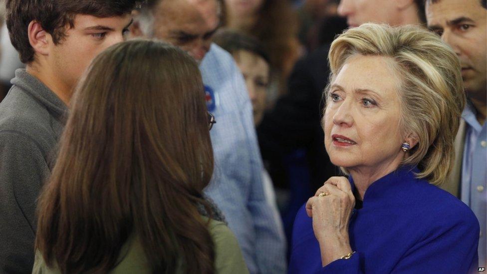 Democratic presidential candidate Hillary Rodham Clinton meets with voters during a campaign stop at River Valley Community College in Claremont, N.H on 11 August 2015