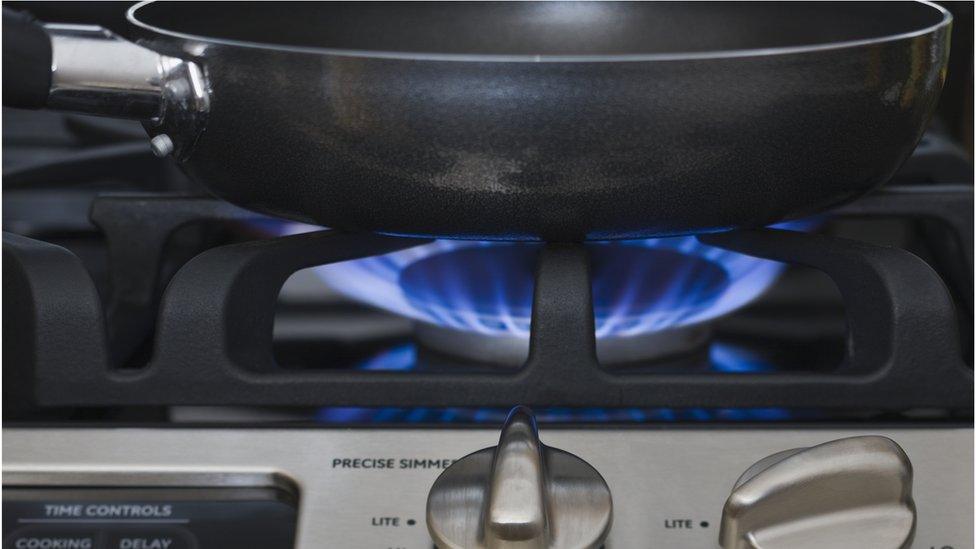 Close up of pan on gas hob