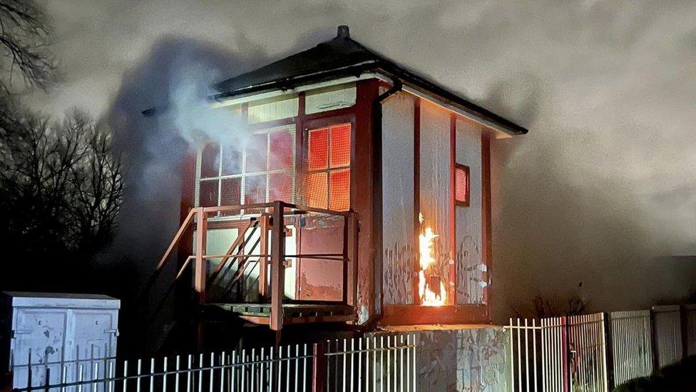 Orton Mere signal box on fire