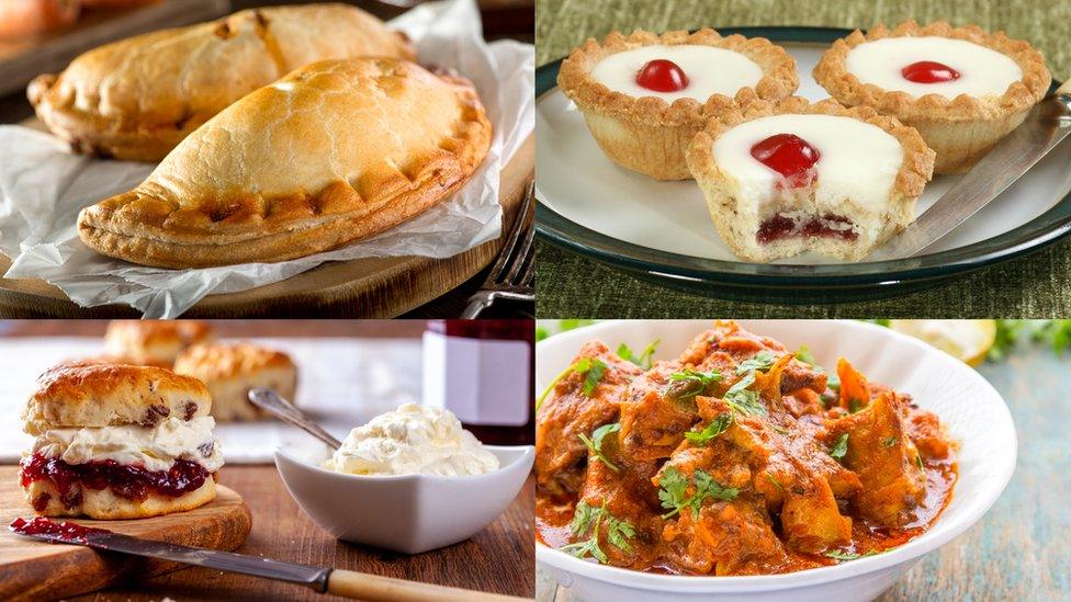 Cornish pasty, cream team, Bakewell tart and tikka masala.