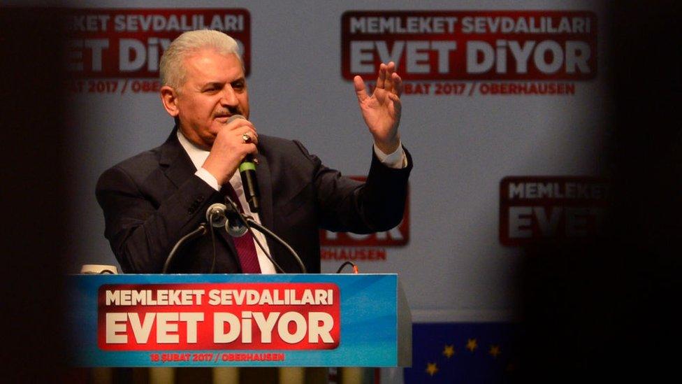 Turkish Prime Minister Binali Yildirim delivers a speech calling for a "yes" vote