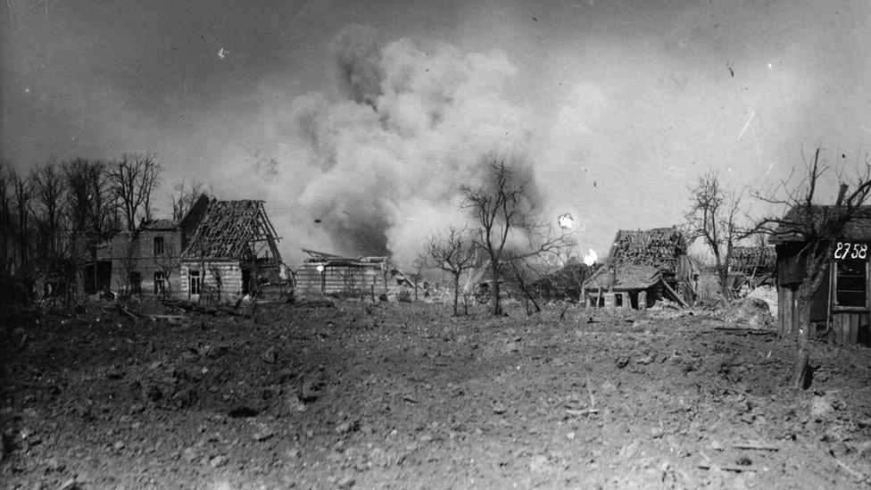 May 1917: British grenade explosions during the Battle of Arras on the Siegfried Line