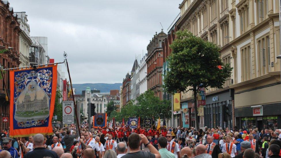 Twelfth of July parade in Belfast's Royal Avenue