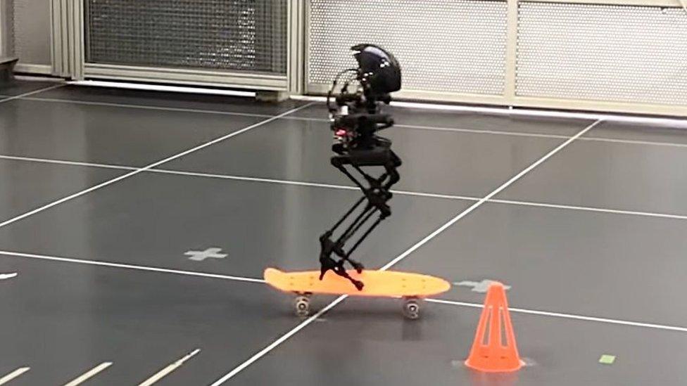 Leo the robot on a skateboard