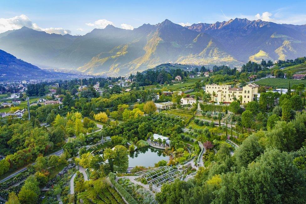 View of gardens with mountains in the background