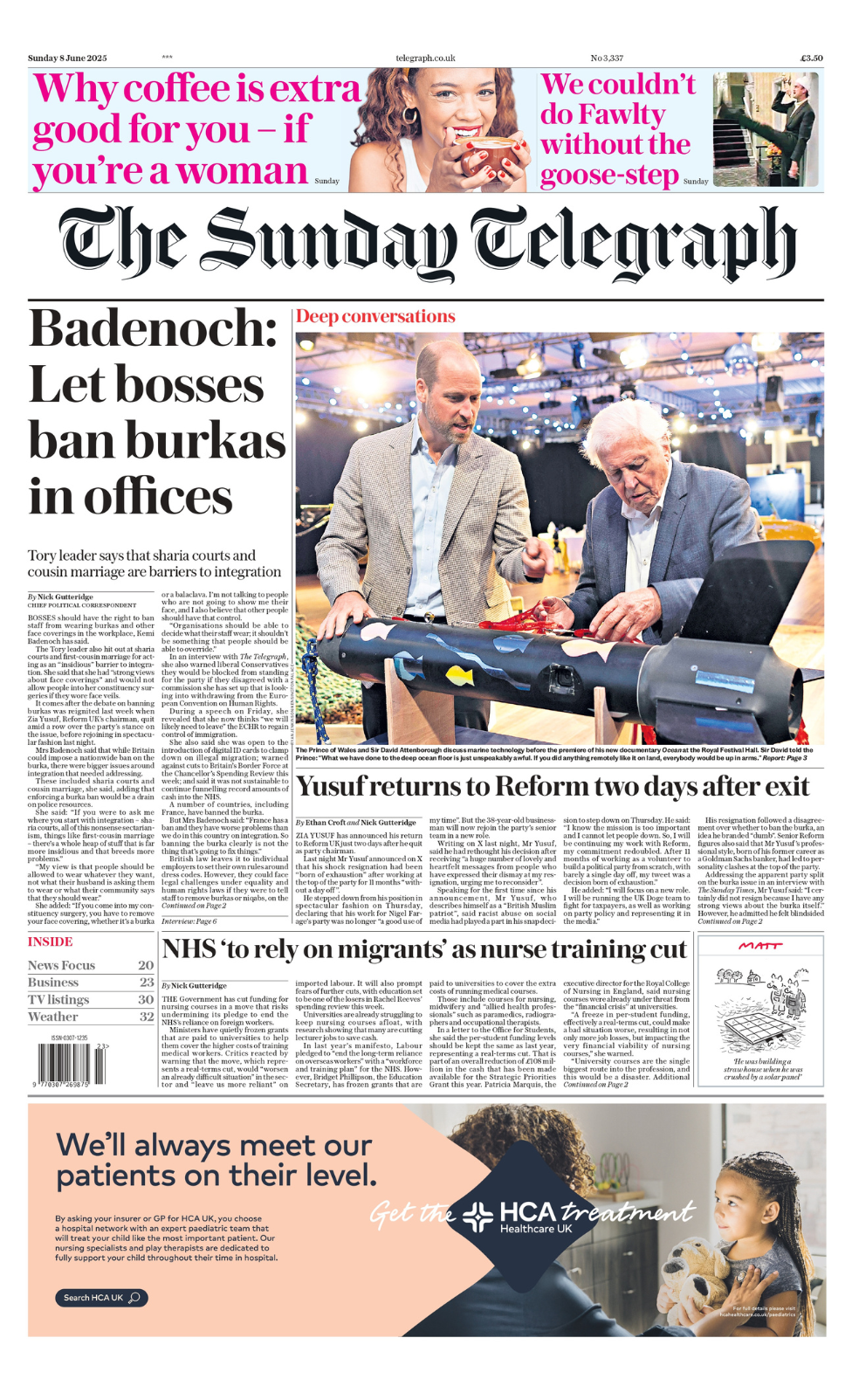 The headline of the front page of the Sunday Telegraph reads: 'Badenoch: Let bosses ban burkas in offices'