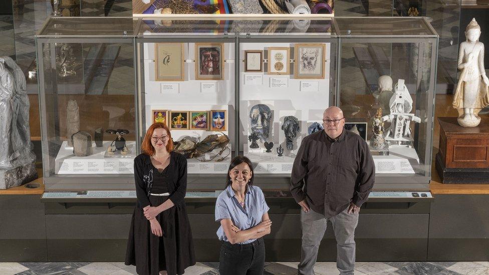 Claire Coia, Dr Cheryl McGeachan and Dr Tony Lewis at the Art Extraordinary exhibit in Kelvingrove