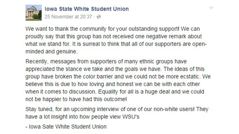 Iowa State White Student Union Facebook page