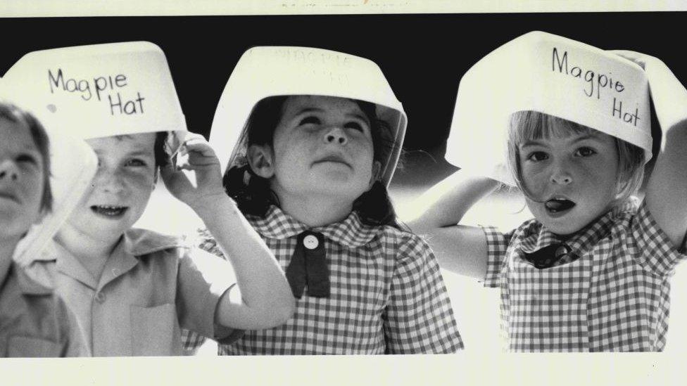 Children at a Newcastle school pictured with their magpie hats in 1984