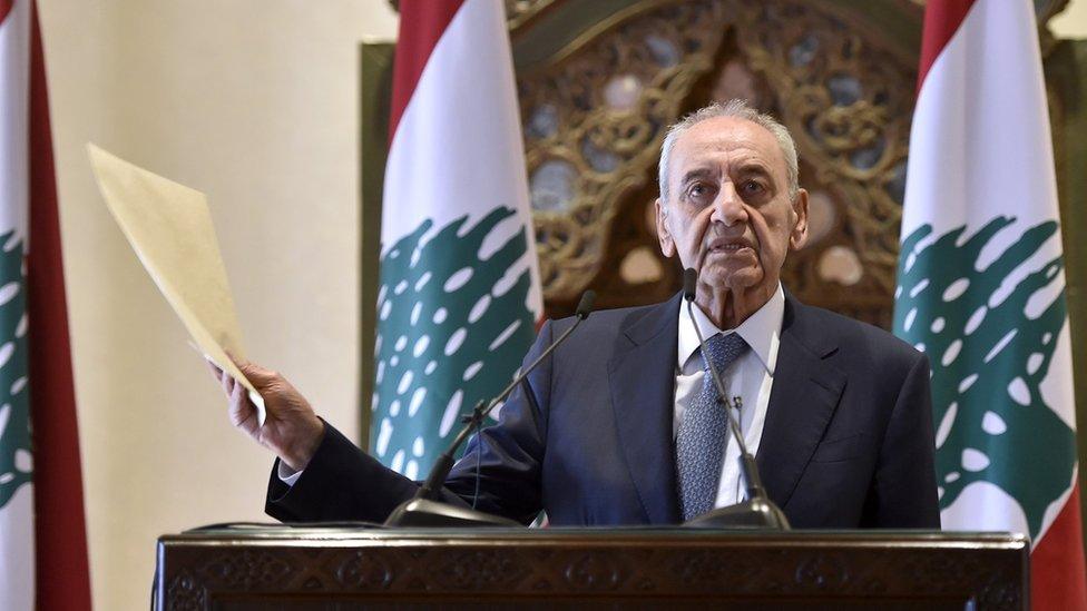 Lebanese Parliamentary Speaker Nabih Berri speaks at a news conference in Beirut on 1 October 2020