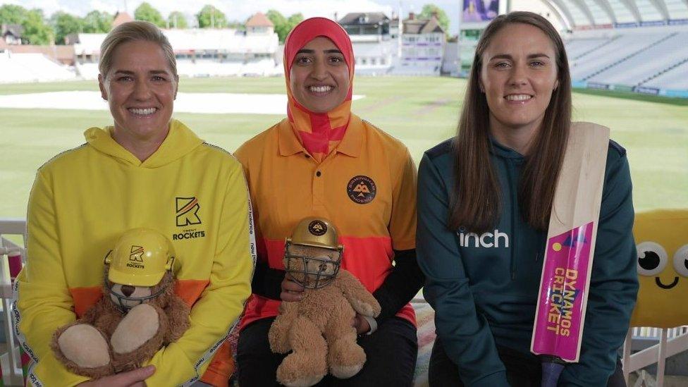 Left to right, Katherine Sciver-Brunt, Abtaha Maqsood and Nat Sciver-Brunt