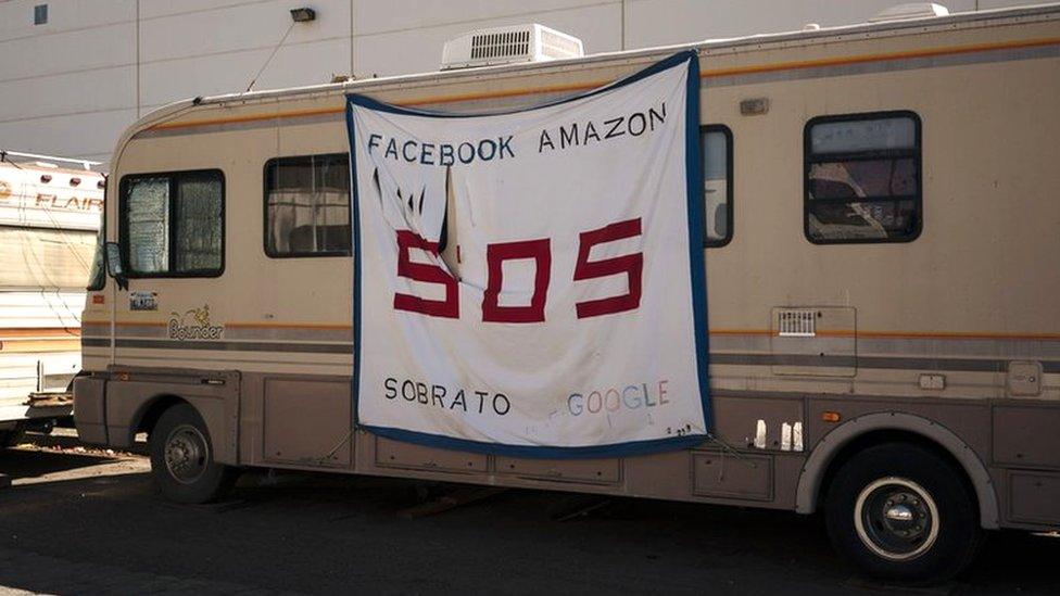 RVs line Bay Road in East Palo Alto, California