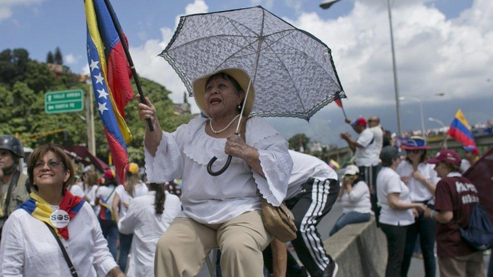 A woman during a protest demanding a recall referendum against Venezuela"s President Nicolas Maduro in Caracas, Venezuela, Saturday, Oct. 22, 2016.