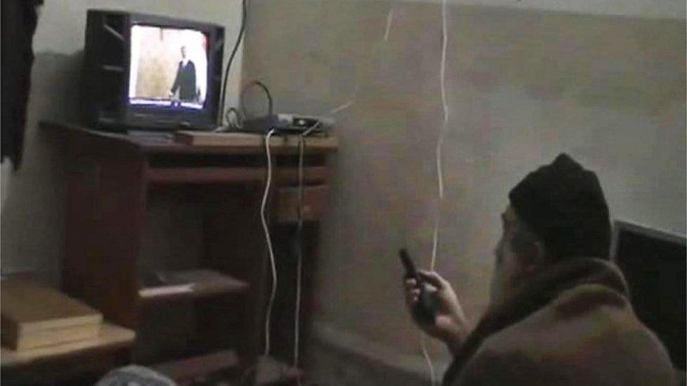 This undated image from video, seized from the walled compound of al-Qaida leader Osama bin Laden in Abbottabad, Pakistan, and released by the U.S. Department of Defense Saturday, May 7, 2011, shows a man, identified as Osama bin Laden, watching President Barack Obama on his television.