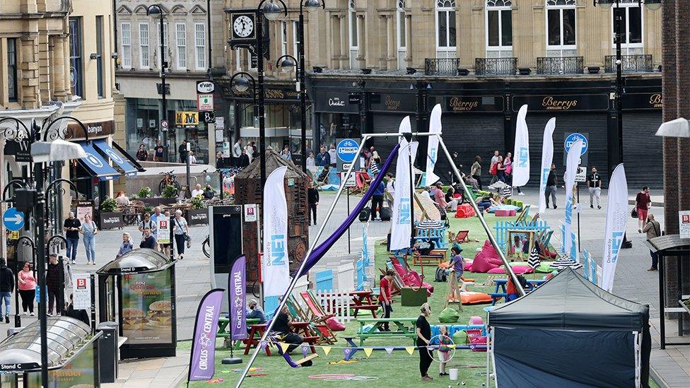 Blackett Street in Newcastle city centre covered in artificial turf