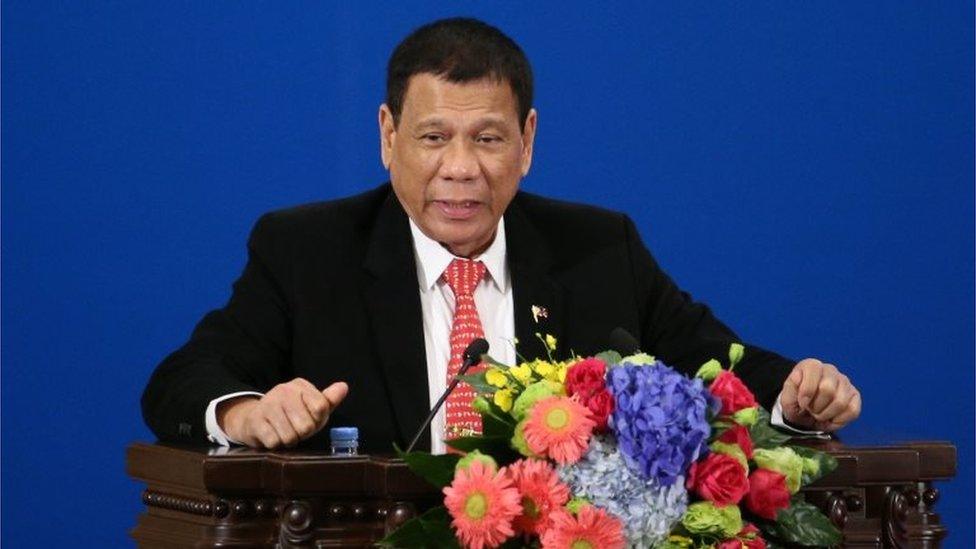 BEIJING, CHINA - OCTOBER 20: Philippines President Rodrigo Duterte makes a speech during the Philippines - China Trade and Investment Fourm at the Great Hall of the People on October 20, 2016 in Beijing, China.