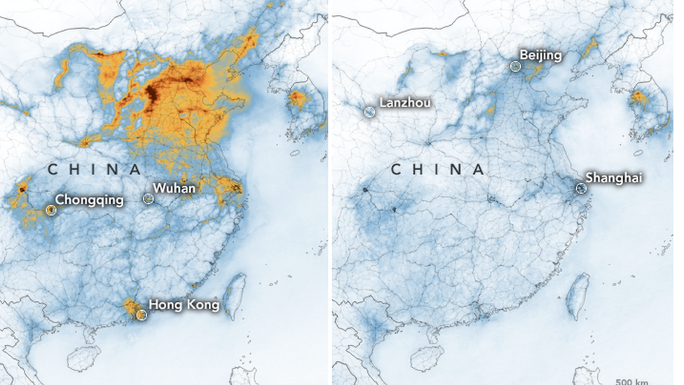 A map released by Nasa shows how air pollution levels have reduced in China this year