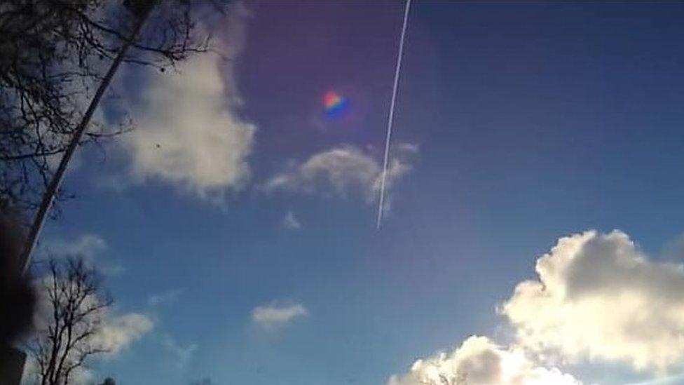 An image from a police officer's body-worn camera showing the RAF Typhoon flying over Cambridgeshire