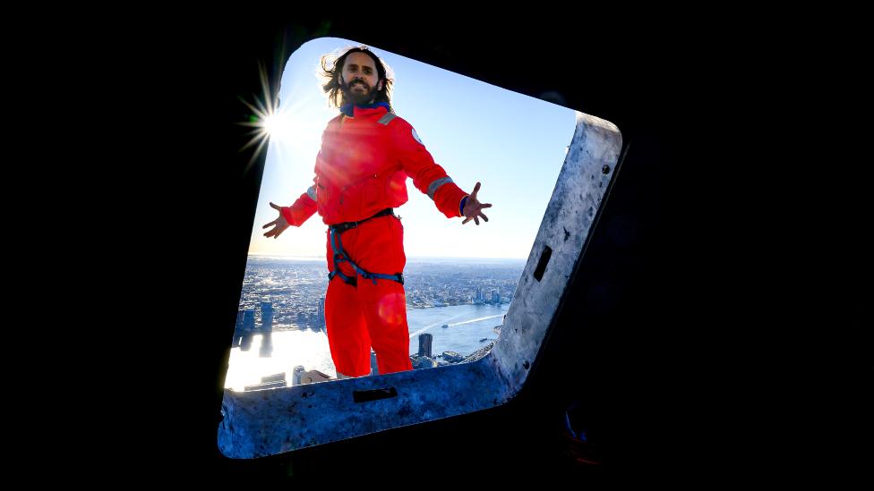 Jared Leto climbs The Empire State Building on November 08, 2023 in New York City