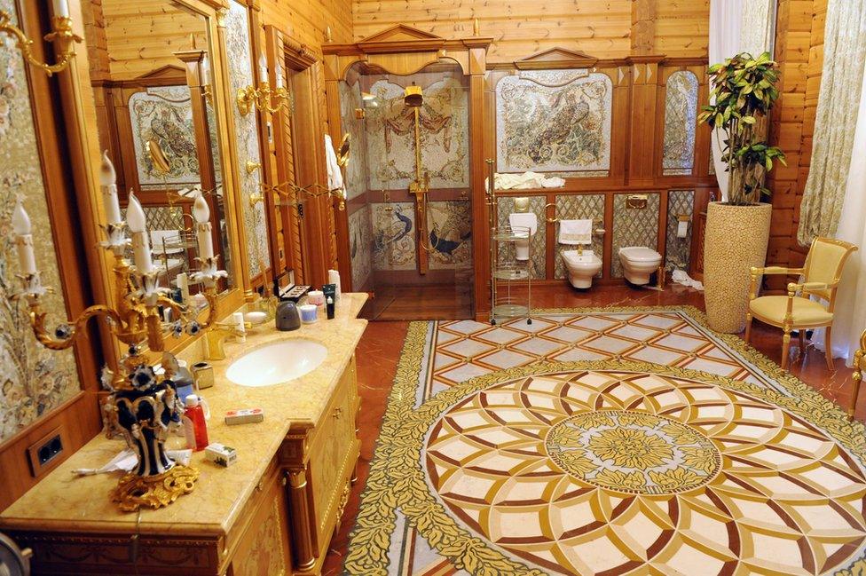 A luxury marble-floored bathroom in the residence of former Ukrainian President Viktor Yanukovych