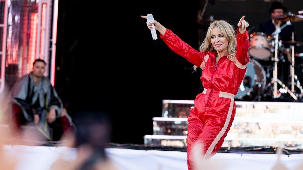 Kylie Minogue performing on the Pyramid stage