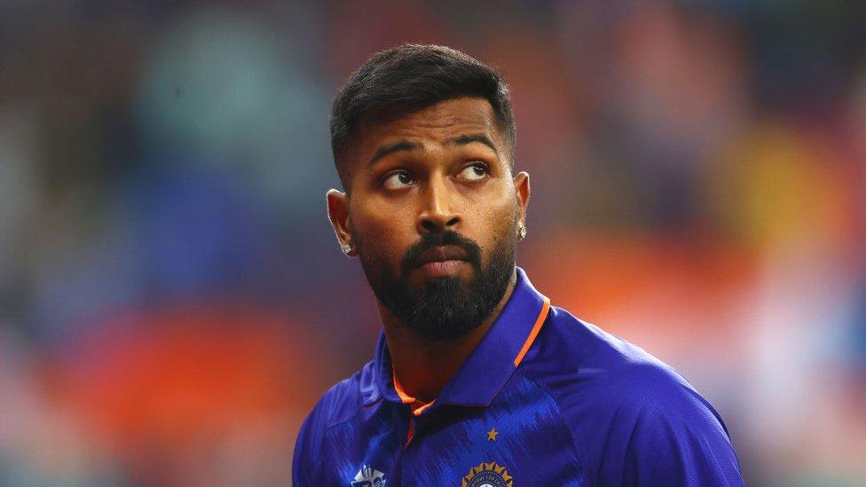 Hardik Pandya of India looks on during the ICC Men's T20 World Cup match between India and Scotland at Dubai International Cricket Ground on November 05, 2021