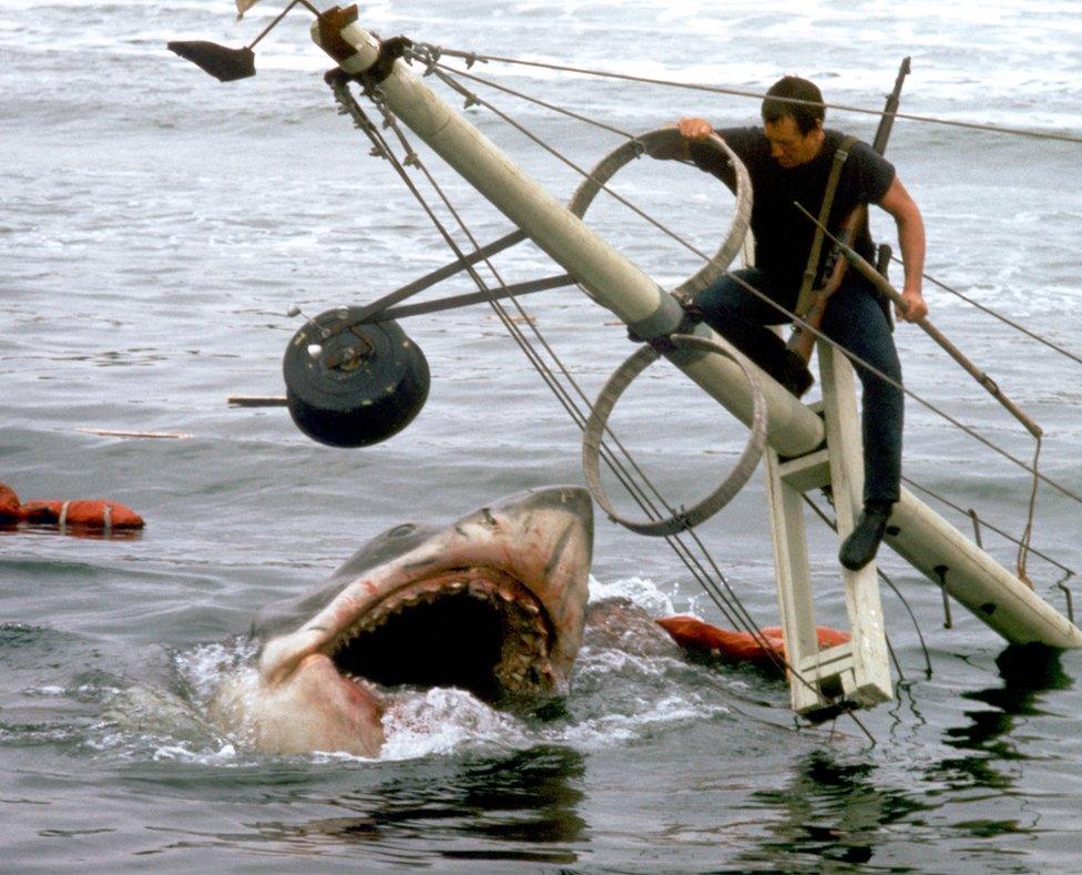 Still from the film Jaws with a great white shark poised below a man on the mast of a sinking boat