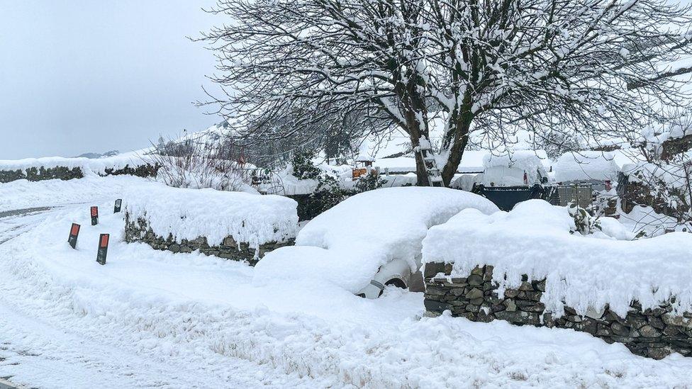 Heavy snow on a road in Cumbria