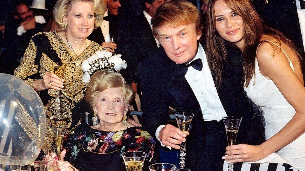 Mary Anne Trump in 1999, shortly before she died, with daughter Elizabeth, son Donald and his then-girlfriend Melania Knauss