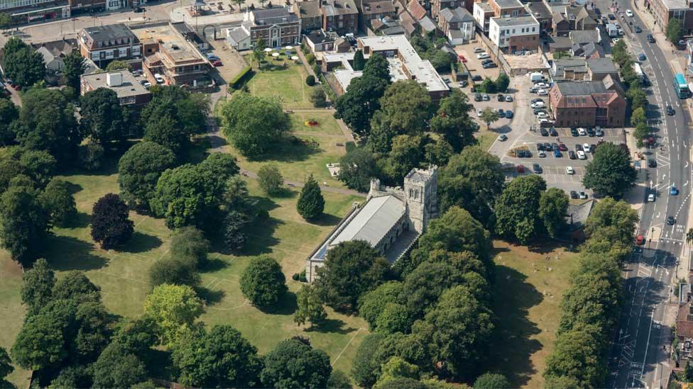 Aerial shot of the priory church, Dunstable