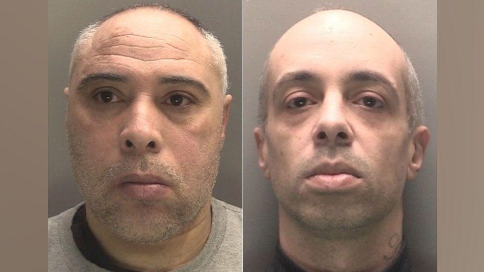 Police custody photographs of Leroy Parris, who has short grey hair and is wearing a grey jumper, and Raymond Escoffrey who has short grey hair and is wearing a black top.