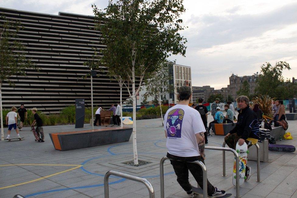 Dundee skaters at a pop-up event with DIY ramps