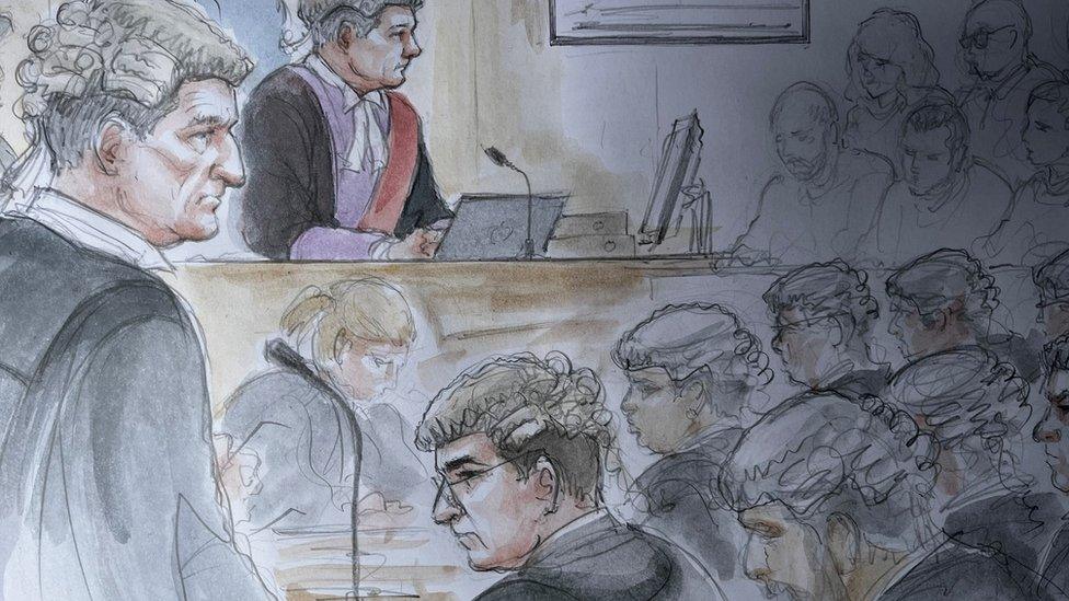 Court sketch of Collingwood Thompson opening the case