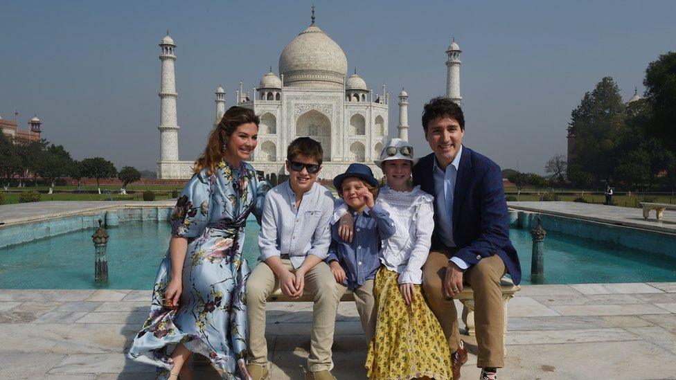 The Trudeau family in front of the Taj Mahal