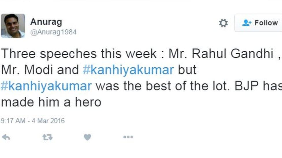 Three speeches this week : Mr. Rahul Gandhi , Mr. Modi and #kanhiyakumar but #kanhiyakumar was the best of the lot. BJP has made him a hero