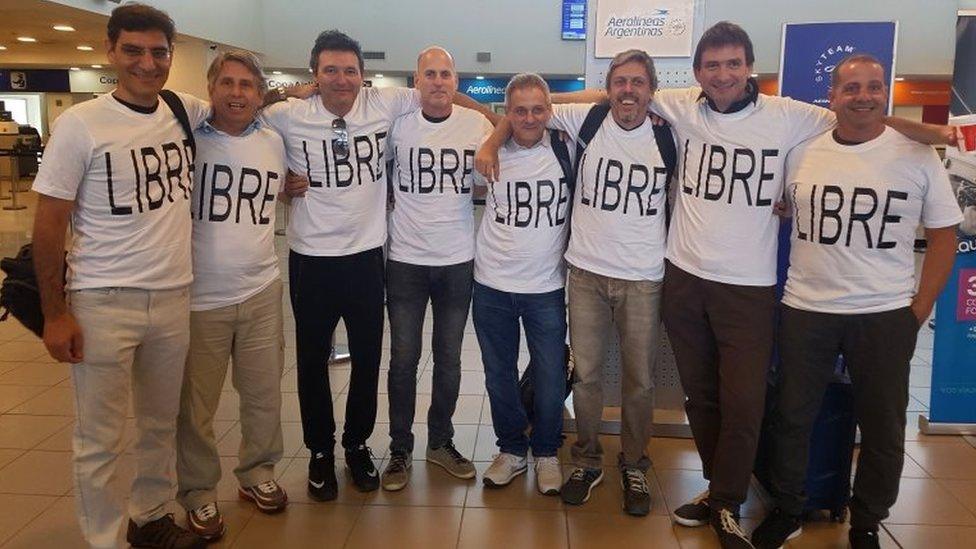 From L to R: Hernan Ferrucci, Alejandro Pagnucco, Ariel Erlij, Ivan Brajkovic, Juan Trevisan, Hernan Mendoza, Diego Angelini and Ariel Benvenuto at airport in Rosario moments before travelling to New York on 28 October 2017