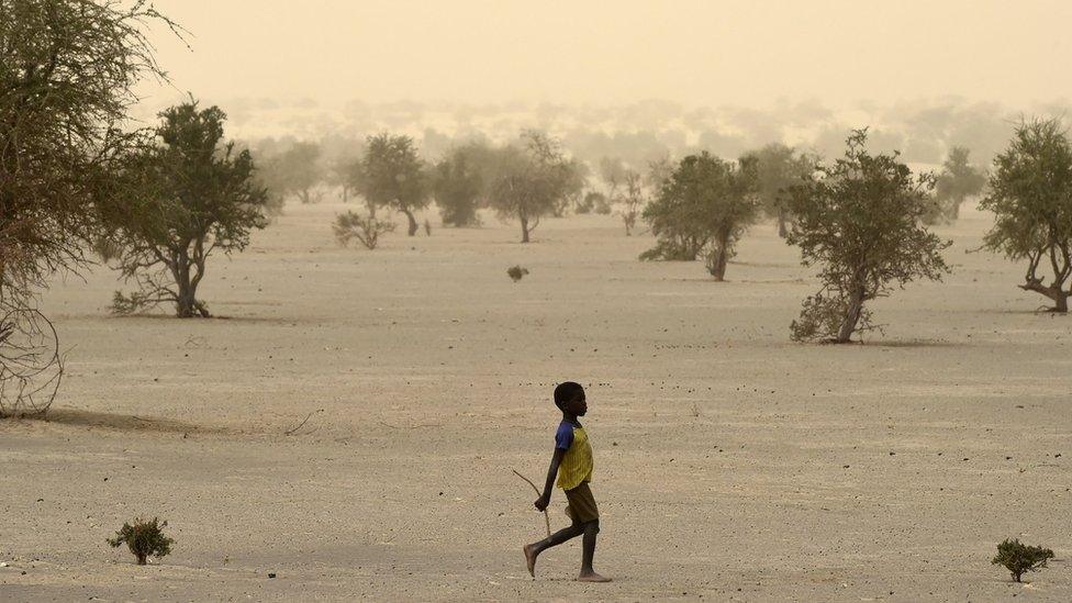 A young boy walks on June 4, 2015, on the dry lake of Faguibine near Bintagoungou in the region of Timbuktu, northern Mali