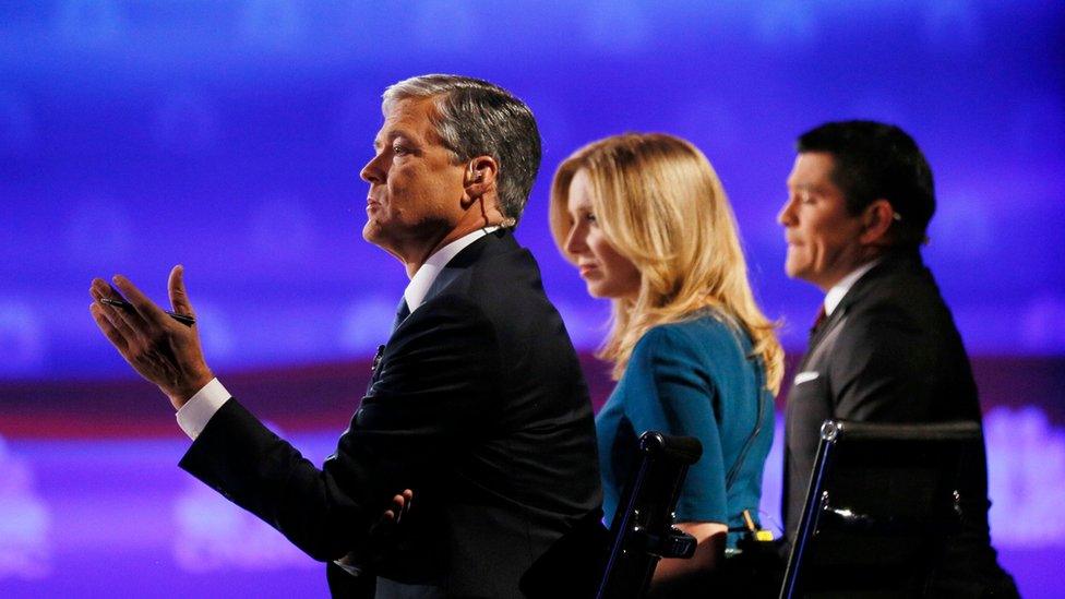 CNBC debate moderators (L-R) John Harwood, Becky Quick and Carl Quintanilla asks questions during the 2016 U.S.