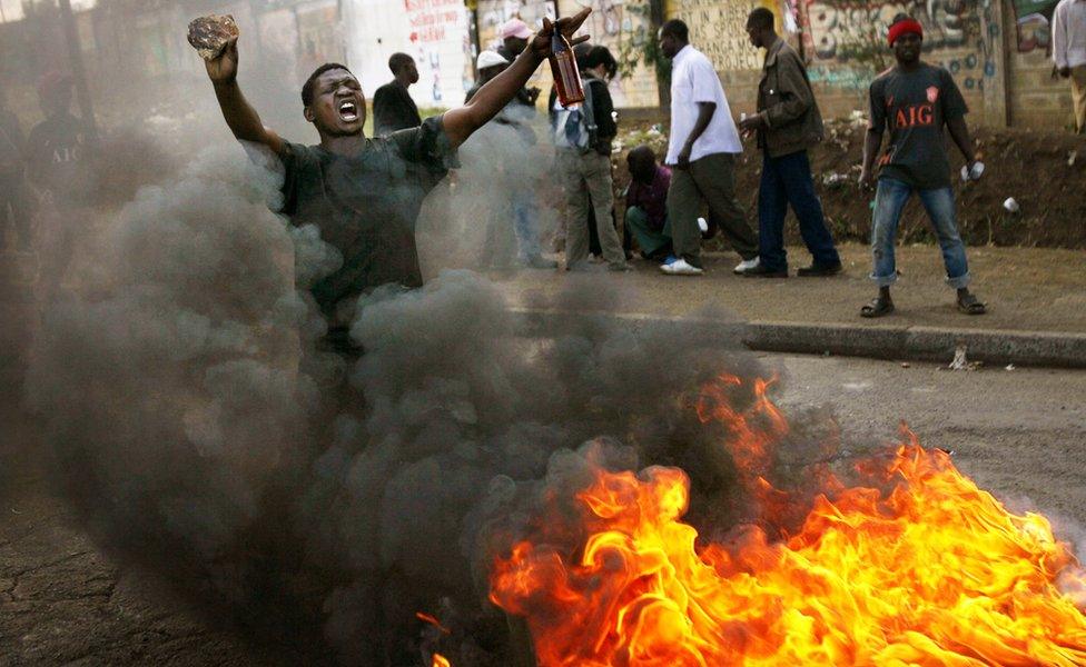 A Kenyan man demonstrates in the Kibera slums on January 17, 2008 in Nairobi, Kenya.