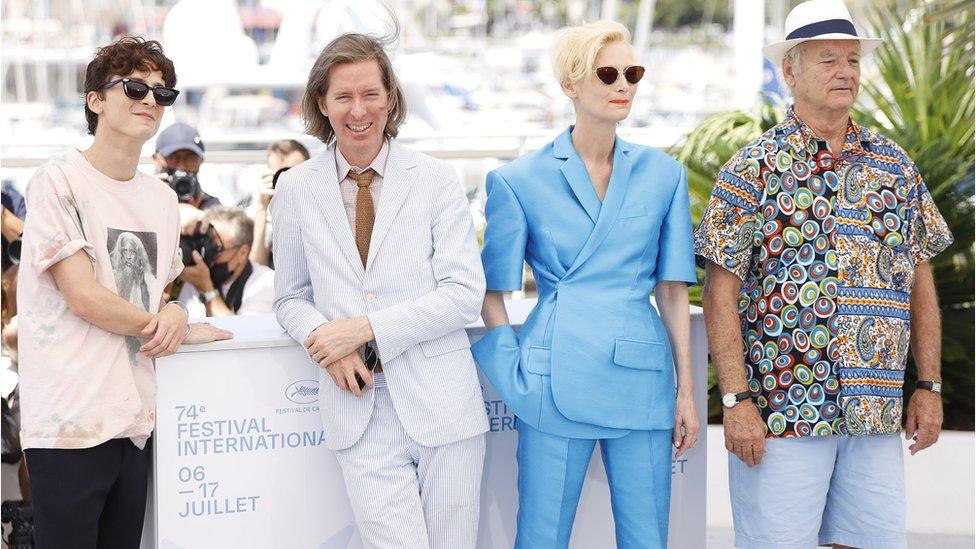 Wes Anderson (second left) alongside French Dispatch stars Timothee Chalamet, Tilda Swinton and Bill Murray