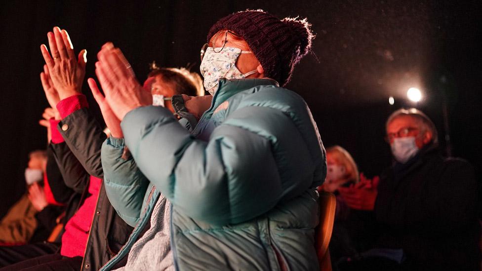 Audience members react as they watch actors from York Theatre Royal perform Jack and the Beanstalk on December 02, 2020