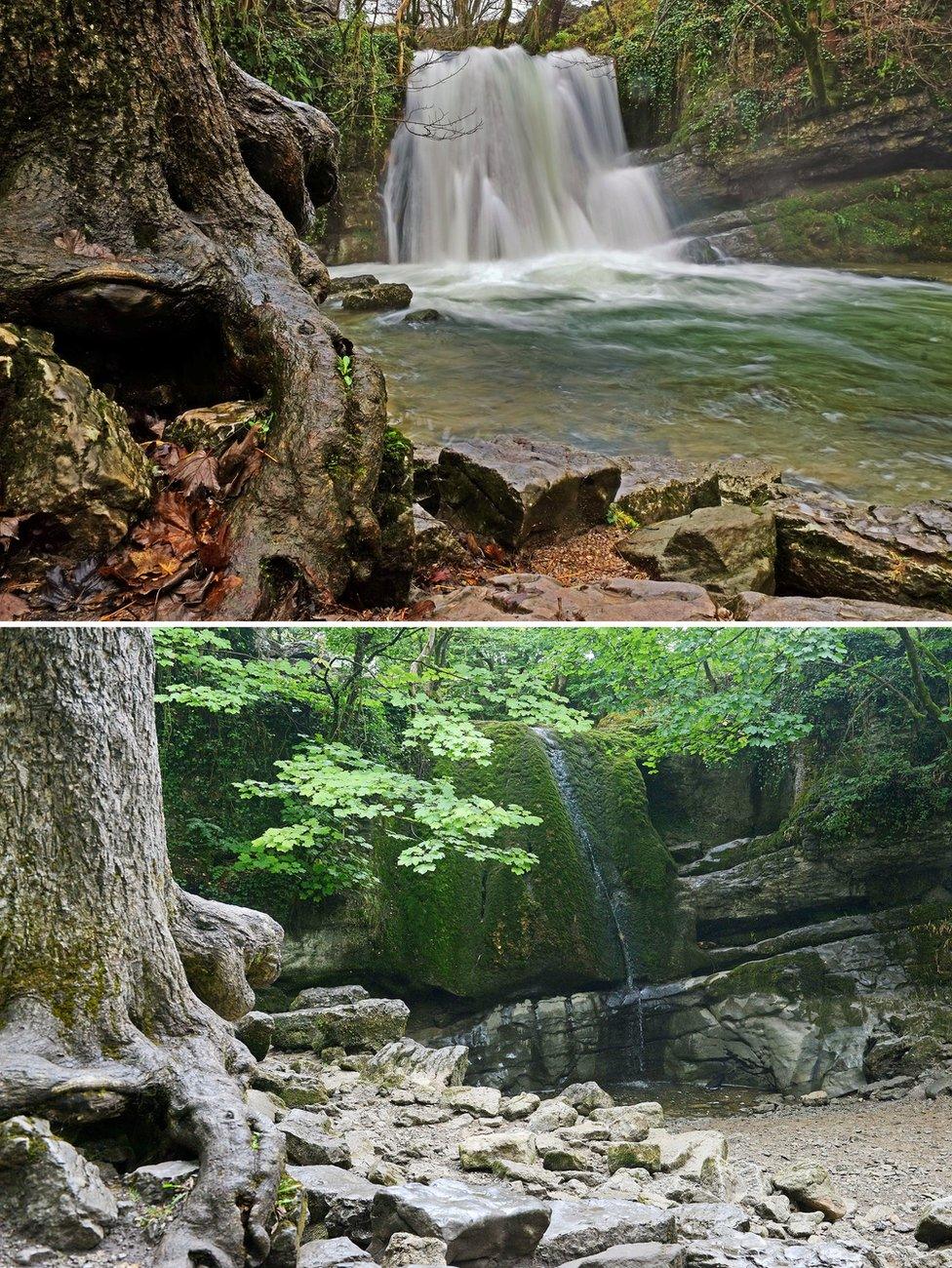 The waterfall at Janet's Foss near Malham, in the Yorkshire Dales, is seen dried up