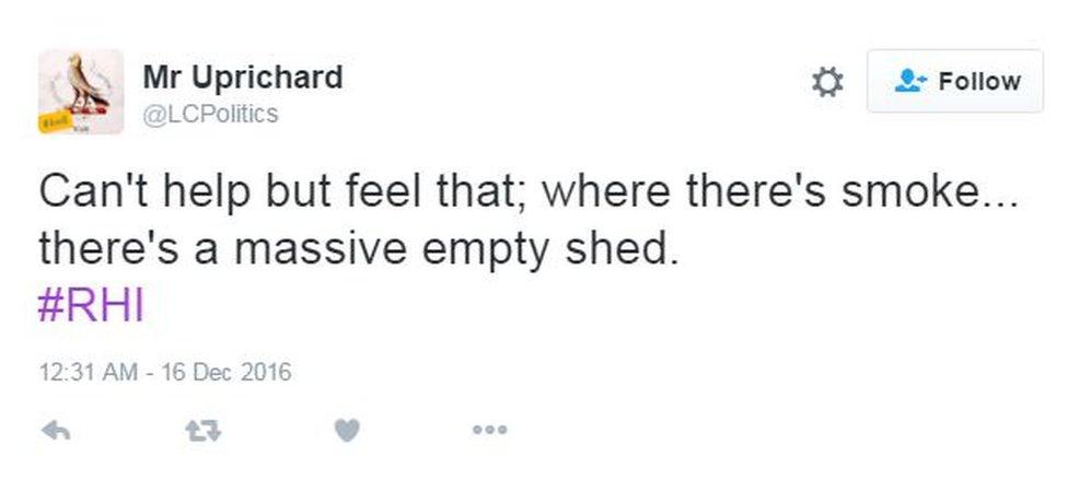 Tweet from Mr Uprichard: Can't help but feel that; where there's smoke... there's a massive empty shed.