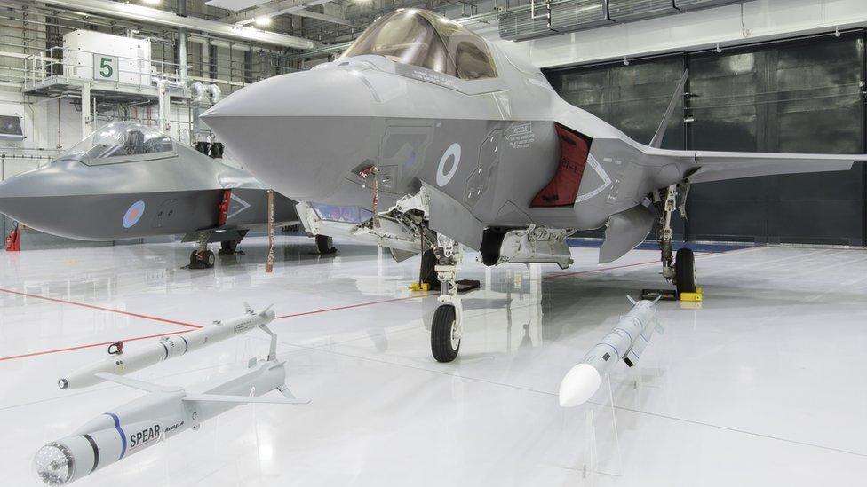 A combat-ready F-35B, seen here with Spear, Asraam and Meteor missiles in the foreground.