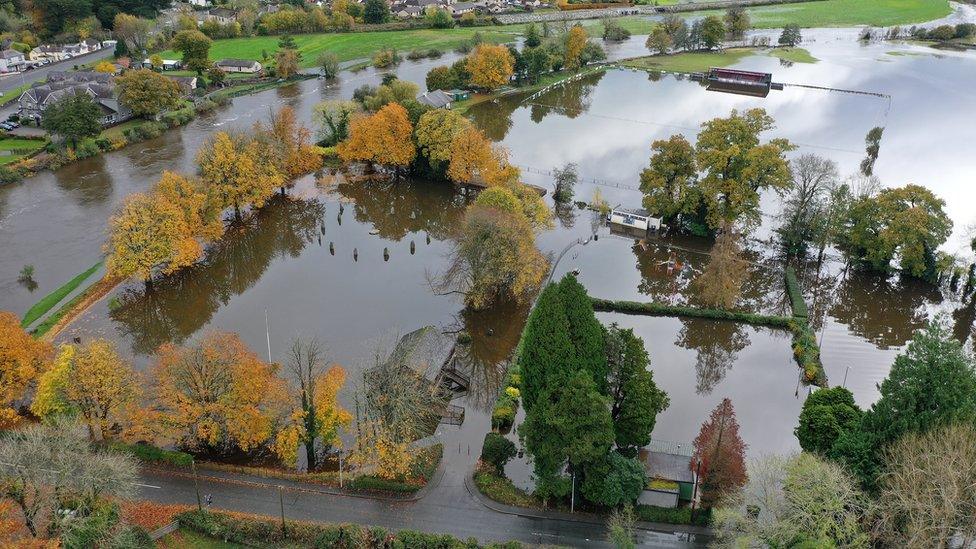 An aerial drone view of flooded fields as the River Conwy bursts its banks on October 30, 2020 in Llanrwst, Wales