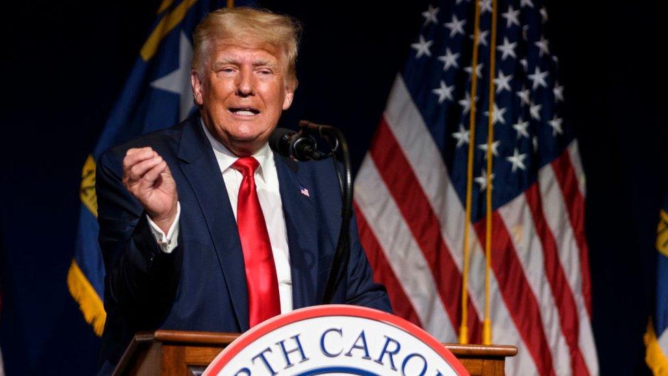 Former US President Donald Trump speaks at the North Carolina GOP Convention