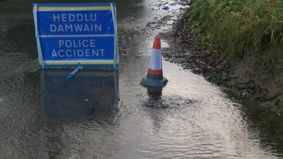 Police Accident sign by flooding in Pontyclun