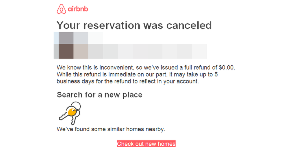 A screenshot of an AirBnB email tells the user the booking has been cancelled, with a highlighted link to "check out new homes"