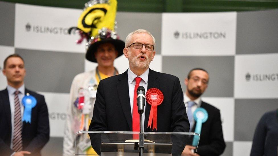 Jeremy Corbyn, leader of the Labour Party, visits the vote count in his Islington North constituency