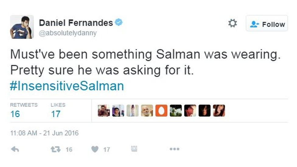 Must've been something Salman was wearing. Pretty sure he was asking for it. #InsensitiveSalman